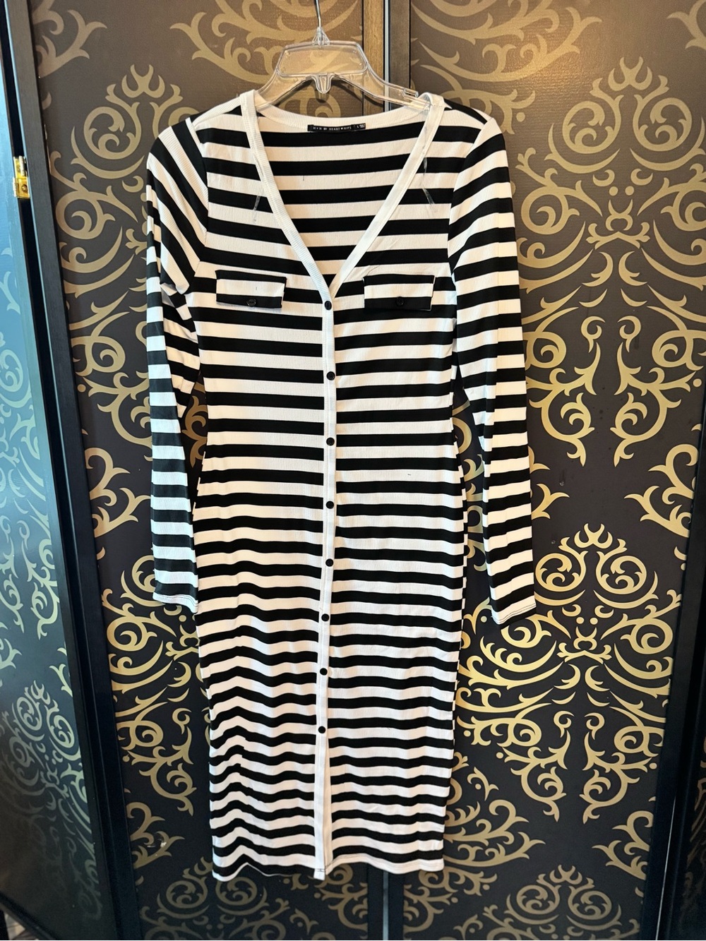Heart Hips Black and White Striped Maxi Button-Front Dress